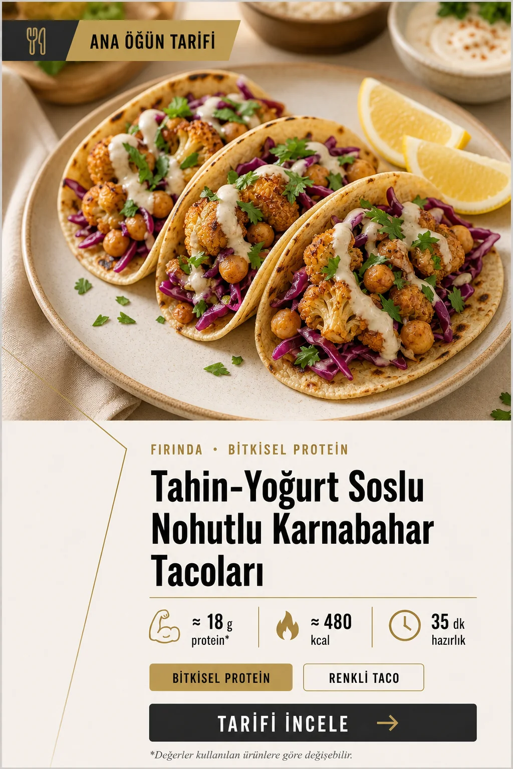 Tahin-Yoğurt Soslu Nohutlu Karnabahar Tacoları tarif kapağı