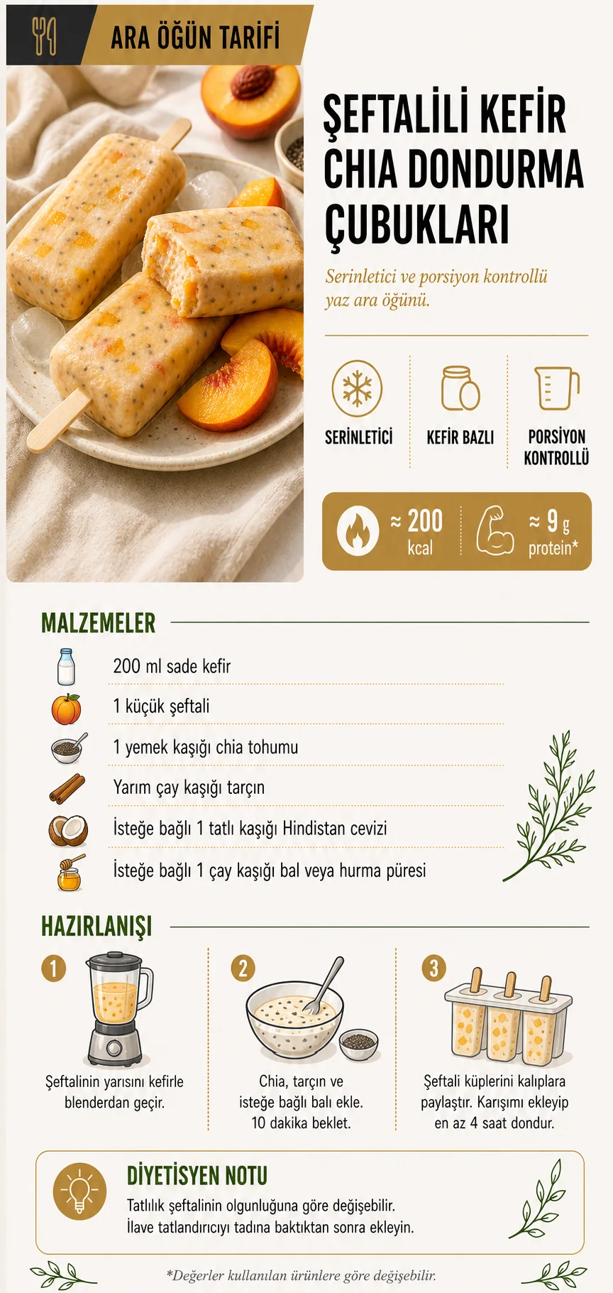 Şeftalili Kefir Chia Dondurma Çubukları malzemeler ve hazırlanış detay kartı